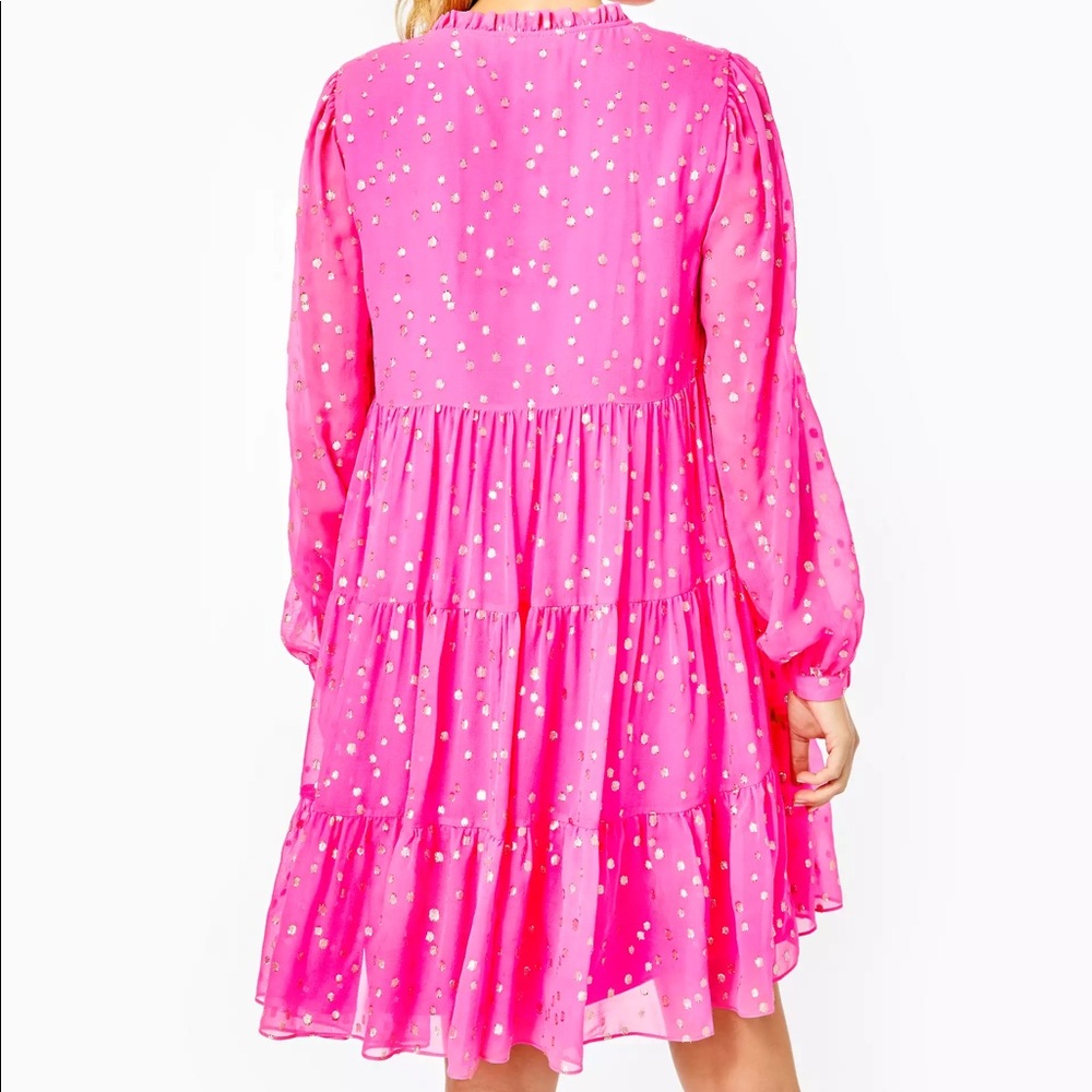 Lilly Pulitzer Hot Pink Tiered Long-Sleeve V-Neck Dress with Gold Dots - Picture 3 of 8